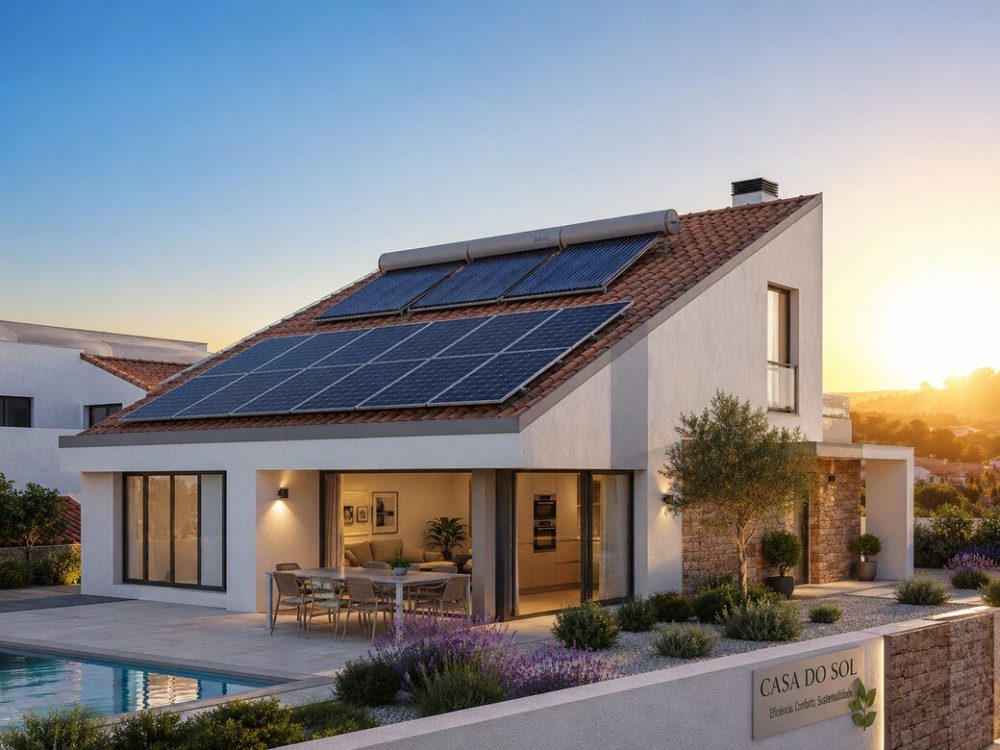 Painéis solares fotovoltaicos instalados no telhado de uma moradia com piscina