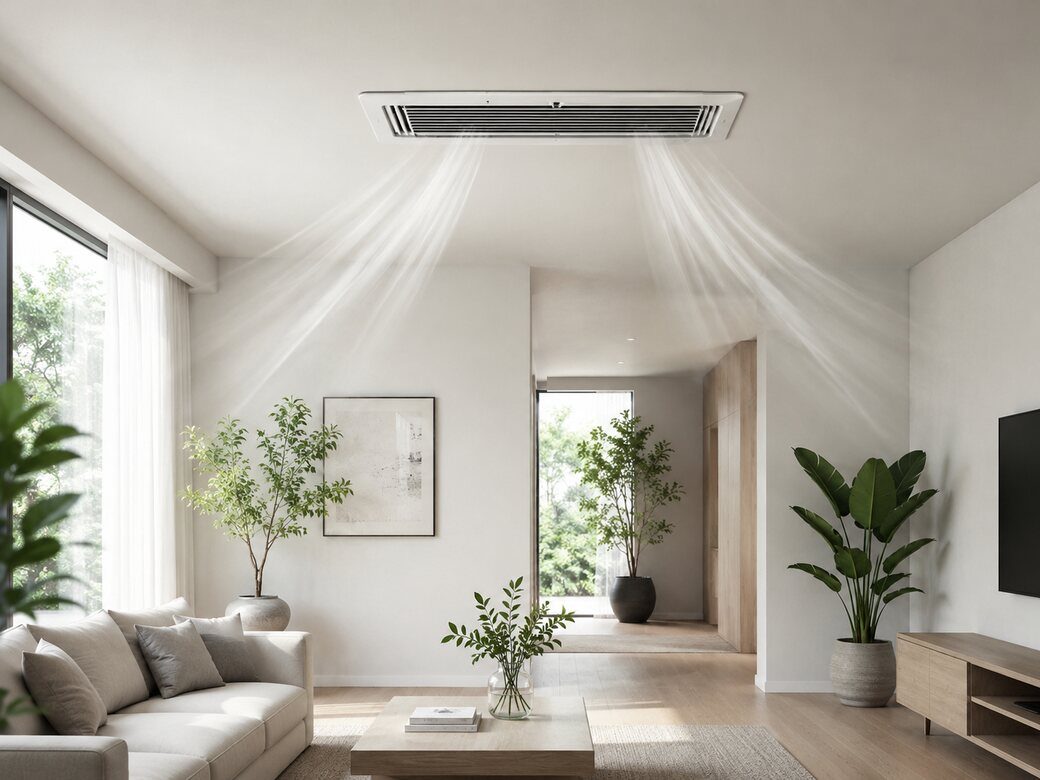 Sistema de ventilação com difusor embutido no tecto a renovar o ar de uma sala